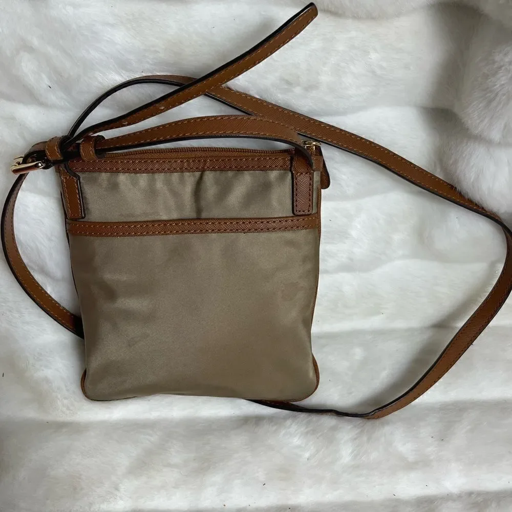 Michael Kors khaki Nylon crossbody bag with brown leather trim &adjustable strap